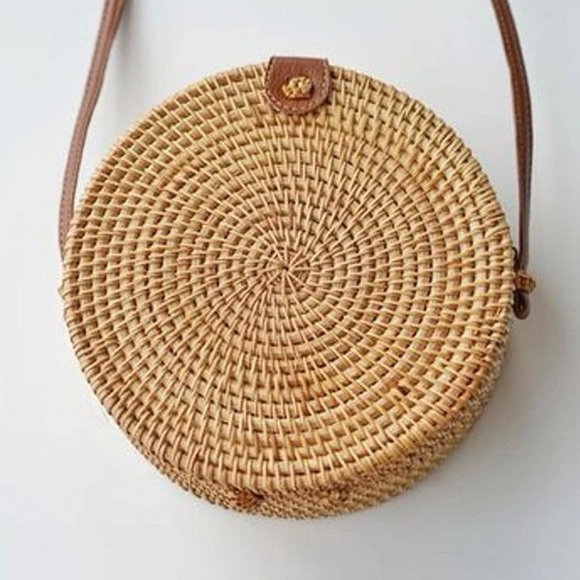 Ratton Straw Round Basket Crossbody Purse Snap Closure - Picture 9 of 10